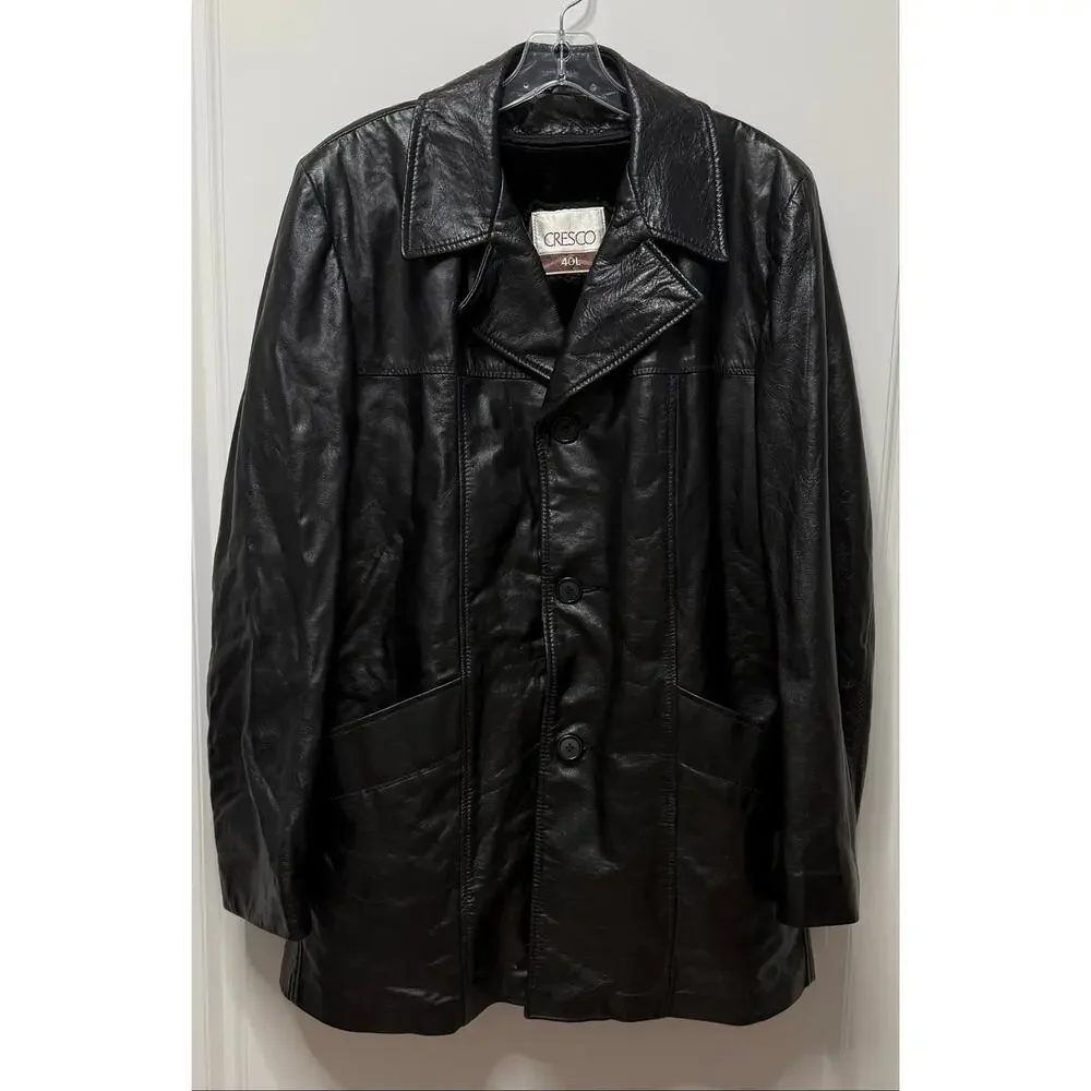 Cresco Black Genuine Leather Coat Jacket Faux Fur Lined 40L Vintage 70s Overcoat